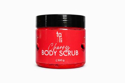 Red jar of cherry body scrub with black lid on a white background